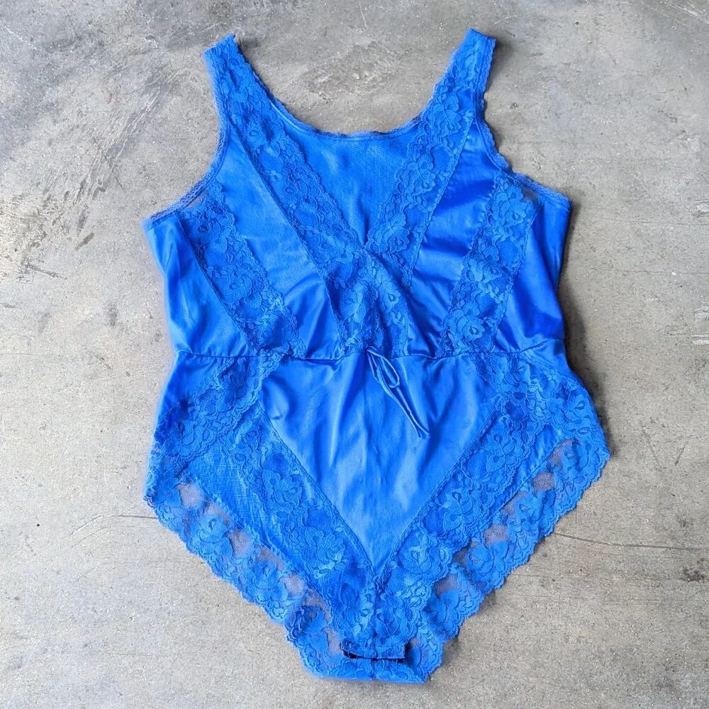 Vintage Blue Lace One-Piece Lingerie One-Piece Bodysuit medium Made In USA - Picture 2 of 9
